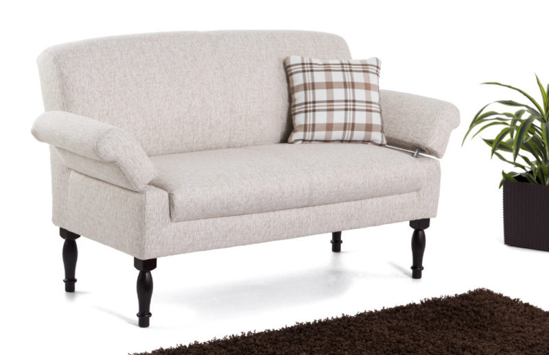 Federkern-Sofa für den Esstisch mit antik gedrechselten Holzbeinen und hellem Bezug